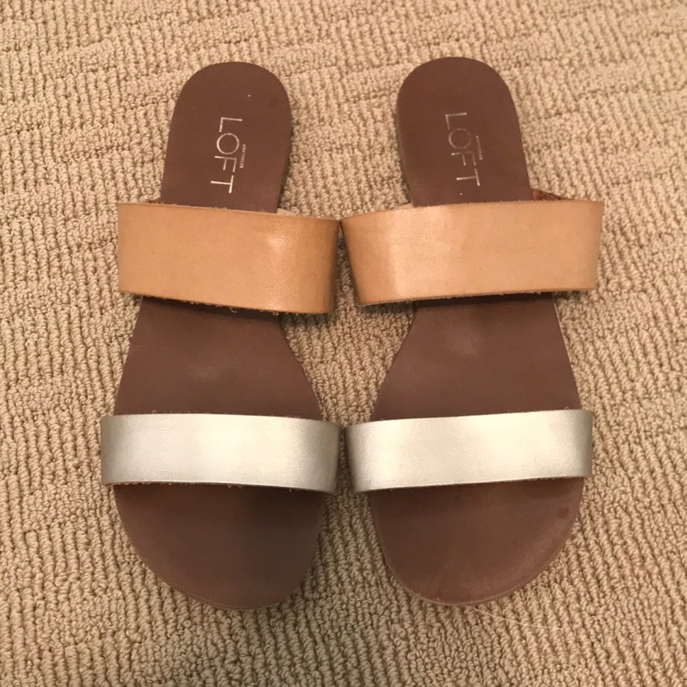 loft Tan & Gold Leather Slide Sandals